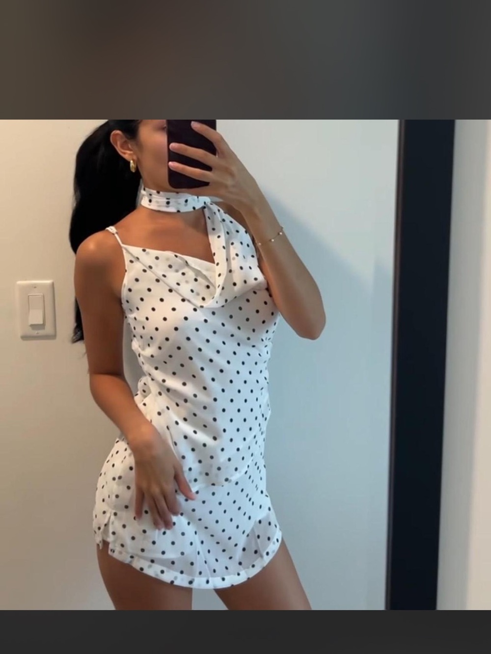 Edikted White Slip Mini Dress with Black Polka Dots and Neck Tie
